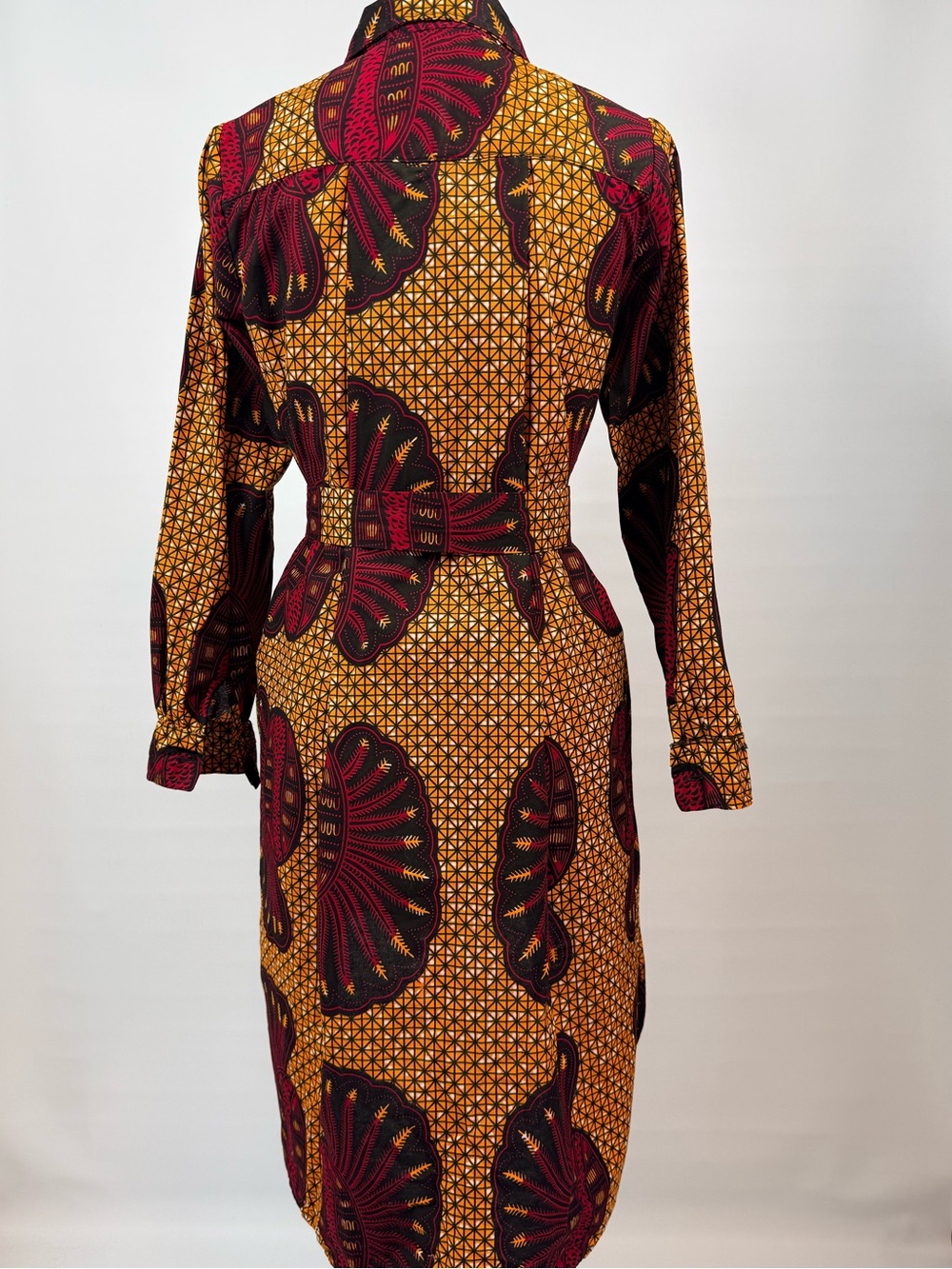 Grass-Fields Ankara African Belted Shirt Dress Long Sleeve Pockets Boho Size 10 - Picture 2 of 14